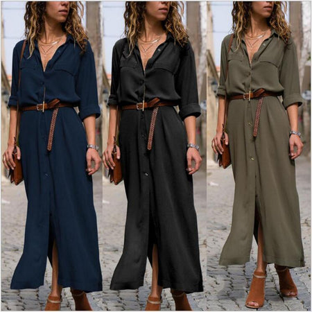 Women's Long Sleeve Skirt Button V-neck Long Dress With Belt Design - ANIBEY