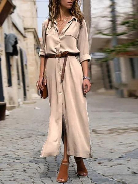 Women's Long Sleeve Skirt Button V-neck Long Dress With Belt Design - ANIBEY