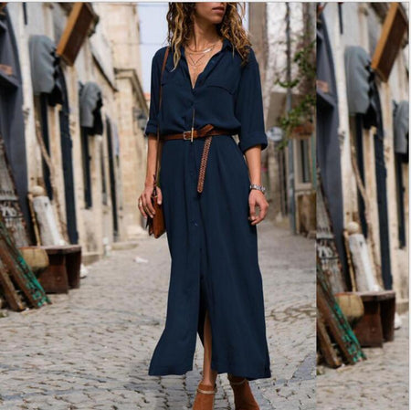 Women's Long Sleeve Skirt Button V-neck Long Dress With Belt Design - ANIBEY