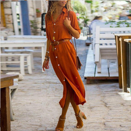 Women's Long Sleeve Skirt Button V-neck Long Dress With Belt Design - ANIBEY