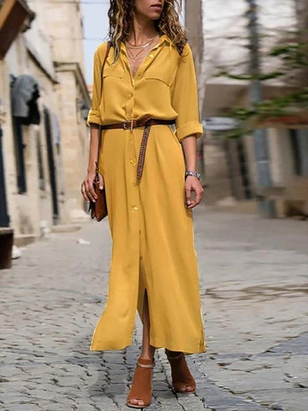 Women's Long Sleeve Skirt Button V-neck Long Dress With Belt Design - ANIBEY