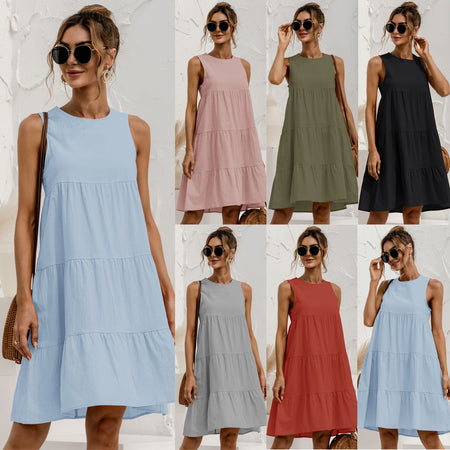 Women's Round Neck Sleeveless Stitching Loose Big Swing Vest Dress - ANIBEY