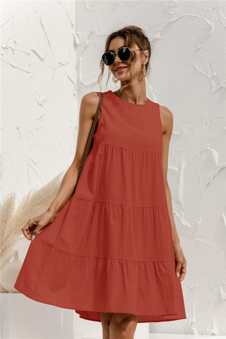 Women's Round Neck Sleeveless Stitching Loose Big Swing Vest Dress - ANIBEY