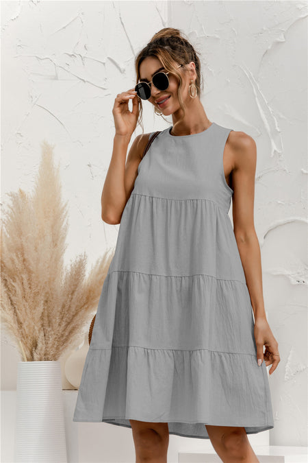 Women's Round Neck Sleeveless Stitching Loose Big Swing Vest Dress - ANIBEY