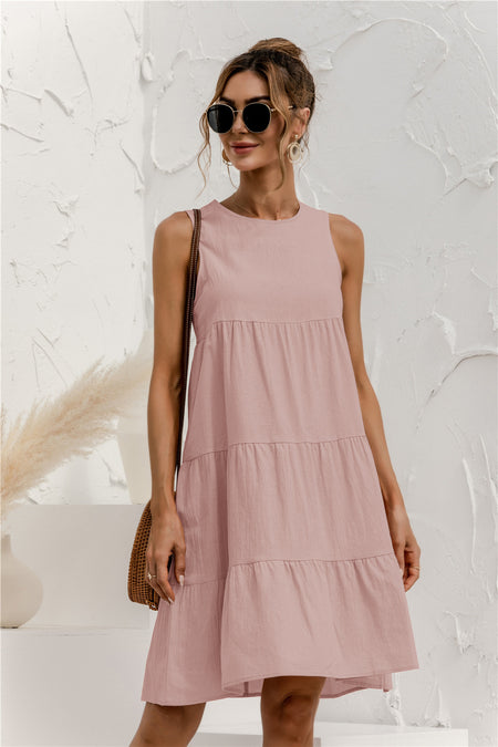 Women's Round Neck Sleeveless Stitching Loose Big Swing Vest Dress - ANIBEY