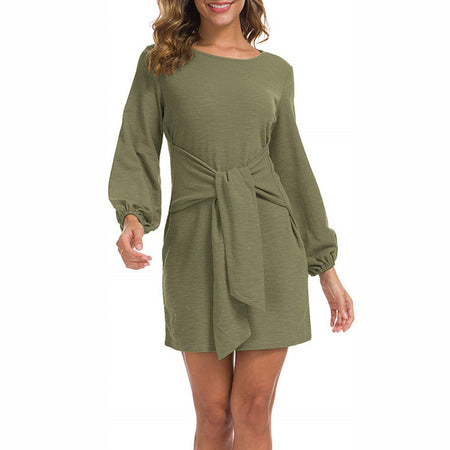 Women's Waist Long-sleeved Lace-up Solid Color Dress - ANIBEY