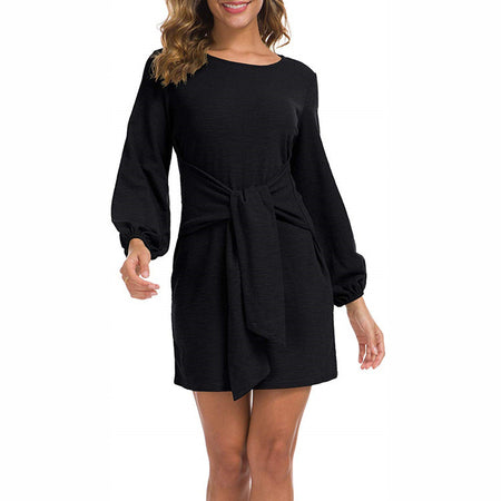 Women's Waist Long-sleeved Lace-up Solid Color Dress - ANIBEY