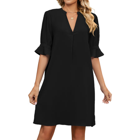 European American Summer New Solid Color And V-neck Loose Pleated Half-length Sleeve Dress - ANIBEY
