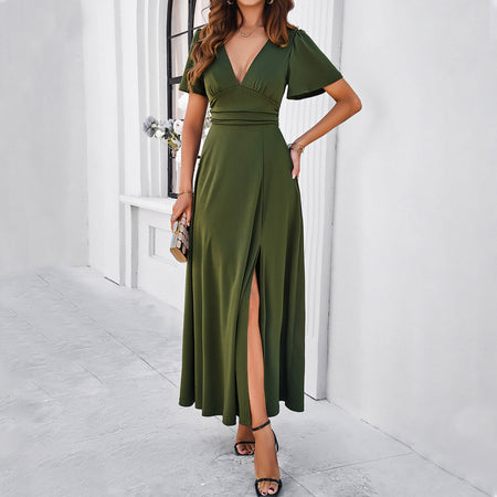 Women's Solid Color Elegant Slim V-neck Dress - ANIBEY