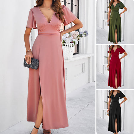 Women's Solid Color Elegant Slim V-neck Dress - ANIBEY