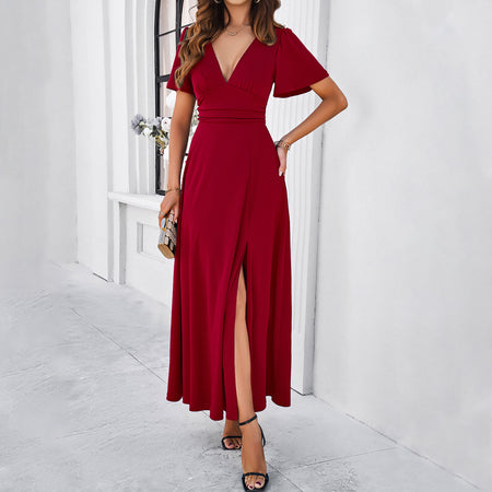 Women's Solid Color Elegant Slim V-neck Dress - ANIBEY