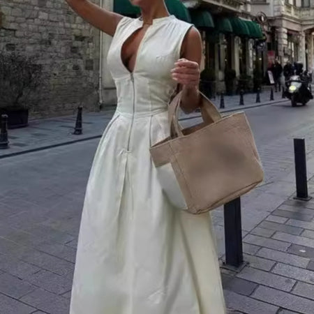 European And American Sleeveless V-neck Casual Waist Zipper Collar Dress - ANIBEY