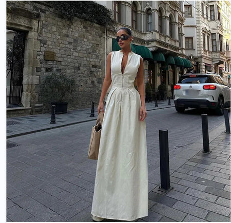 European And American Sleeveless V-neck Casual Waist Zipper Collar Dress - ANIBEY