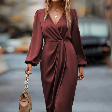 Temperament Pure Color Waist-tight Split V-neck Dress Women - ANIBEY