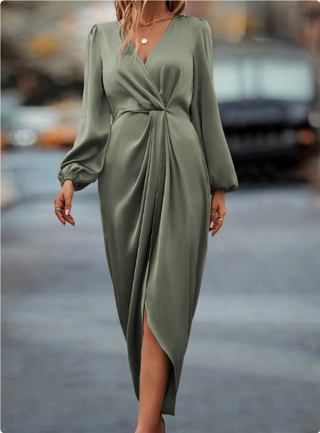 Temperament Pure Color Waist-tight Split V-neck Dress Women - ANIBEY