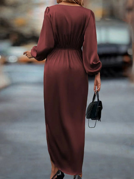 Temperament Pure Color Waist-tight Split V-neck Dress Women - ANIBEY