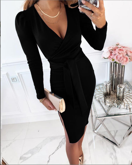 V-neck Sexy Temperament Commuter Strap Solid Color Dress Women - ANIBEY
