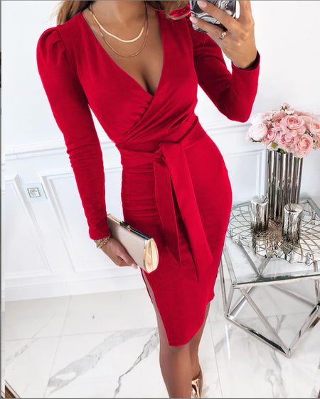 V-neck Sexy Temperament Commuter Strap Solid Color Dress Women - ANIBEY