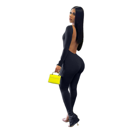 Women's Solid Color Split Small Flare Jumpsuit - ANIBEY