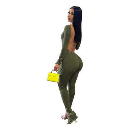 Women's Solid Color Split Small Flare Jumpsuit - ANIBEY