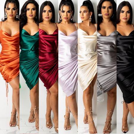 Women's Graceful And Fashionable Sling Deep V Bilateral Drawstring Design Dress - ANIBEY
