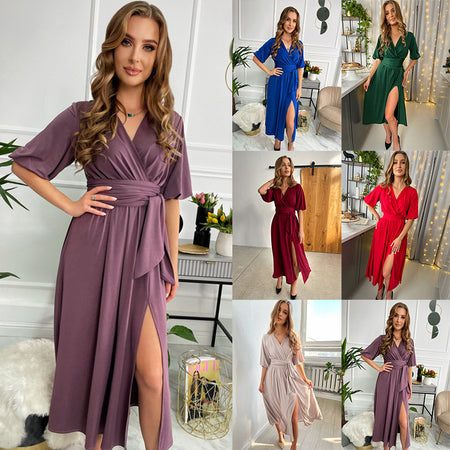Women's Solid Color And V-neck Lantern Sleeve Waist-tight Maxi Self-tie Slit Dress - ANIBEY