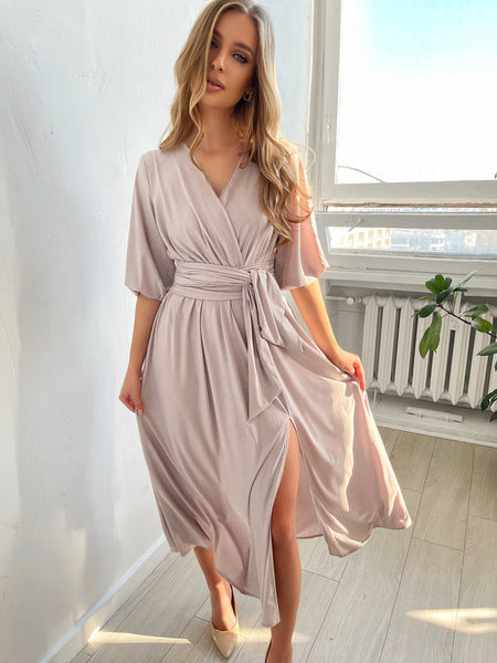 Women's Solid Color And V-neck Lantern Sleeve Waist-tight Maxi Self-tie Slit Dress - ANIBEY