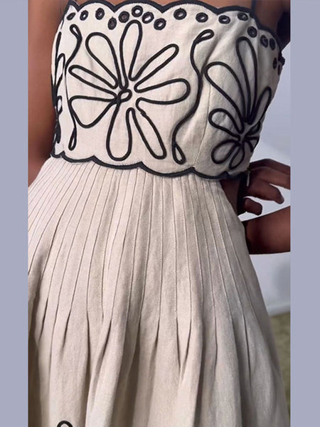 Women's Vintage Embroidered Linen Sling Fashion Hollowed-out Sleeveless Pocket Dress - ANIBEY