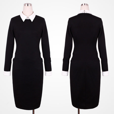 Cross-Border Black And White Long-Sleeved Lapel Slim Fit Hip Dress Pencil - ANIBEY