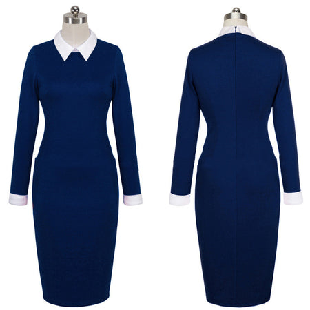 Cross-Border Black And White Long-Sleeved Lapel Slim Fit Hip Dress Pencil - ANIBEY