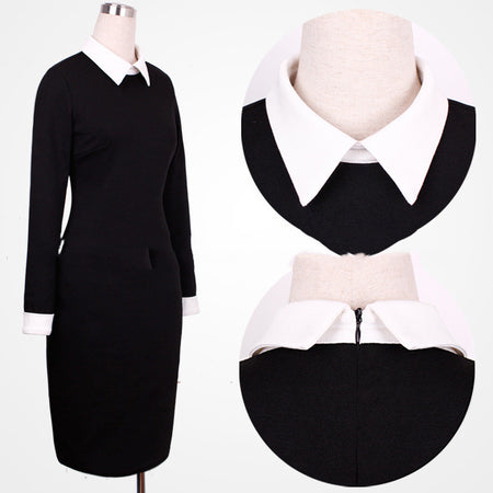 Cross-Border Black And White Long-Sleeved Lapel Slim Fit Hip Dress Pencil - ANIBEY