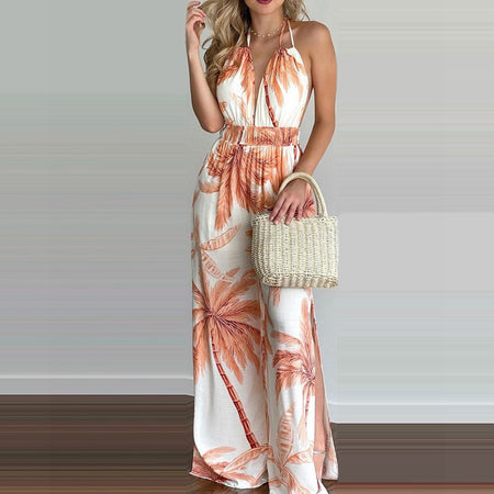 Halter Colorful High-waisted Wide-leg Jumpsuit - ANIBEY