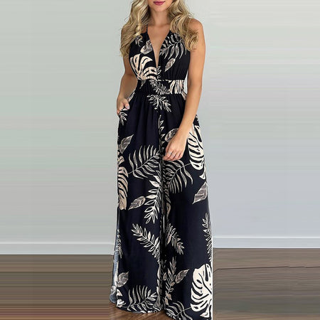 Halter Colorful High-waisted Wide-leg Jumpsuit - ANIBEY
