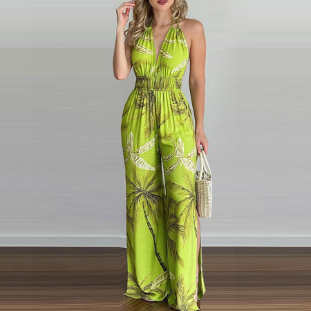 Halter Colorful High-waisted Wide-leg Jumpsuit - ANIBEY