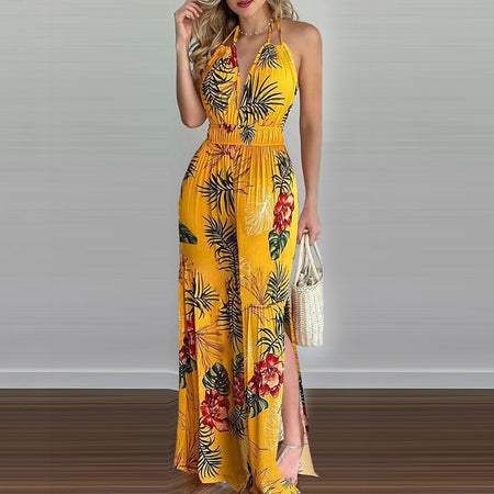 Halter Colorful High-waisted Wide-leg Jumpsuit - ANIBEY