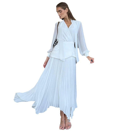 Lady Temperament Lace-up Waist-tight Irregular Pleated Belt Waist Seal Dress - ANIBEY