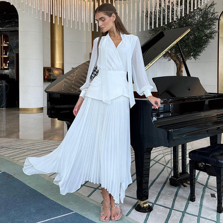Lady Temperament Lace-up Waist-tight Irregular Pleated Belt Waist Seal Dress - ANIBEY