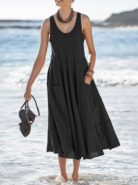 Multi-layer Cotton And Linen Sleeveless Long U-neck Pocket Dress - ANIBEY