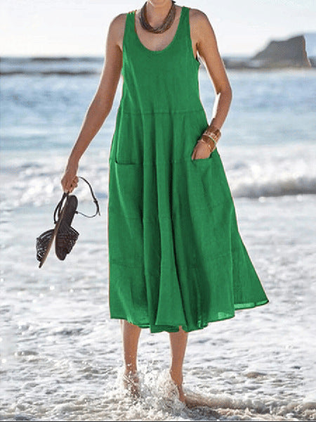 Multi-layer Cotton And Linen Sleeveless Long U-neck Pocket Dress - ANIBEY