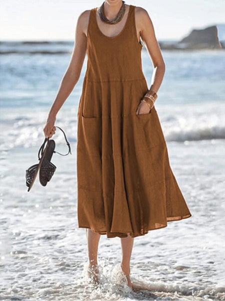 Multi-layer Cotton And Linen Sleeveless Long U-neck Pocket Dress - ANIBEY