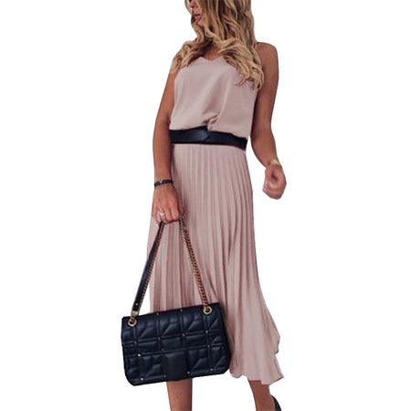 Solid Color Pleated Maxi Skirt With Sexy Suspenders - ANIBEY