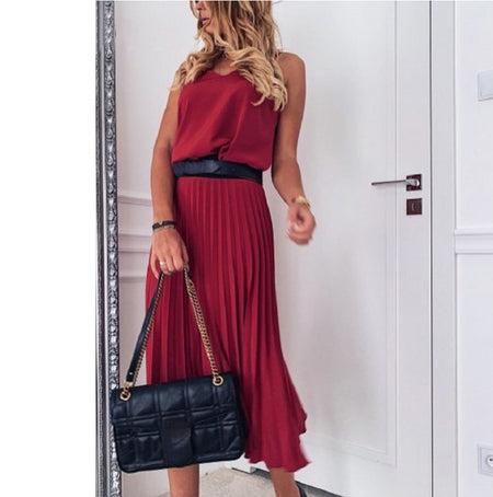 Solid Color Pleated Maxi Skirt With Sexy Suspenders - ANIBEY