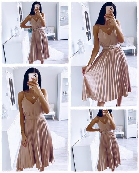 Solid Color Pleated Maxi Skirt With Sexy Suspenders - ANIBEY