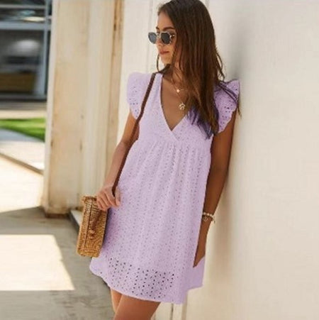 Summer V-neck Cotton Short Skirt Solid Color Dress - ANIBEY