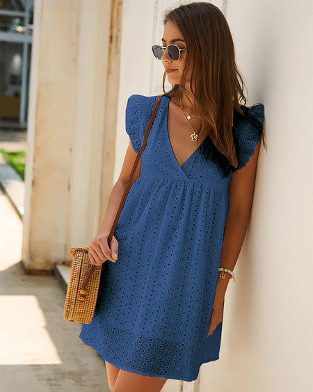 Summer V-neck Cotton Short Skirt Solid Color Dress - ANIBEY