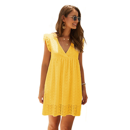 Summer V-neck Cotton Short Skirt Solid Color Dress - ANIBEY