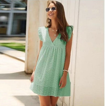 Summer V-neck Cotton Short Skirt Solid Color Dress - ANIBEY