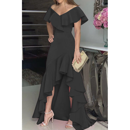 Temperament Sexy V-neck Irregular Solid Color Hem Ruffled Personality Design Ladies Dress - ANIBEY