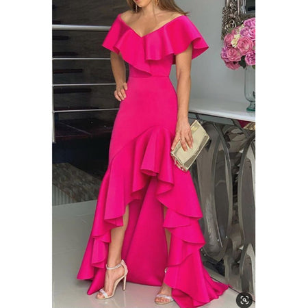 Temperament Sexy V-neck Irregular Solid Color Hem Ruffled Personality Design Ladies Dress - ANIBEY