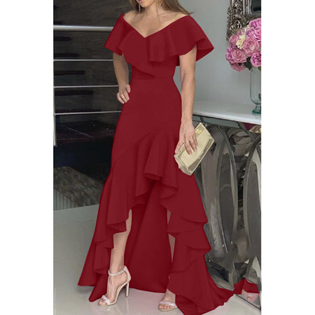 Temperament Sexy V-neck Irregular Solid Color Hem Ruffled Personality Design Ladies Dress - ANIBEY